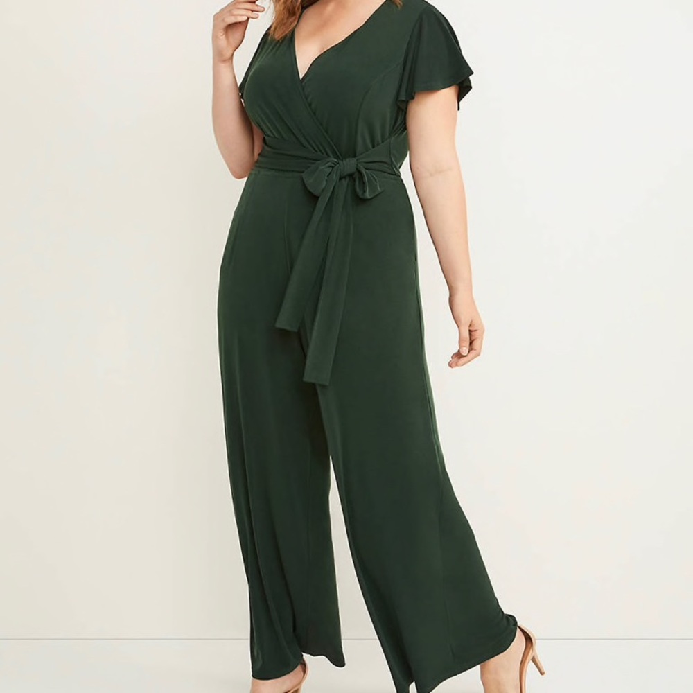 Faux Wrap Flutter Sleeve Jumpsuit Forest Green